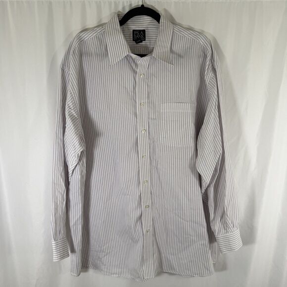 Jos A Banks Traveler's Shirt Mens 17.5 34 White Purple Striped Button Up Long Sl - Picture 1 of 11
